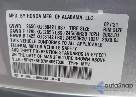 2021 Honda Pilot Elite from USA, damaged, VIN 5FNYF6H07MB057330